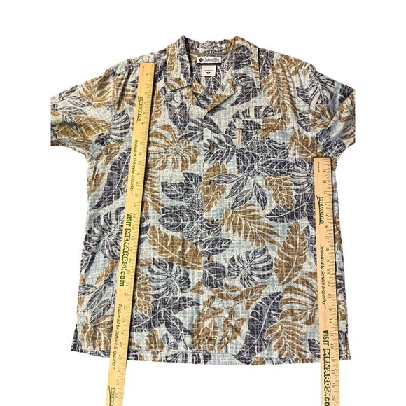 Columbia Camp Shirt Mens M Blue Tan Leaf Print Hawaiian Casual Summer Travel Y2K - Picture 13 of 16